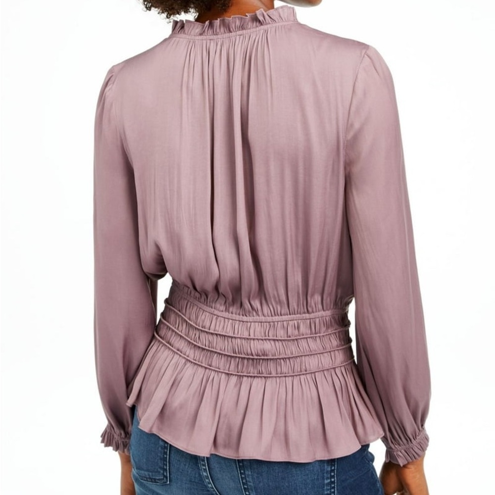 Current Air Smocked Peplum Blouse XS Purple Ruffle Neck Tie Long Sleeve Top - Picture 7 of 8